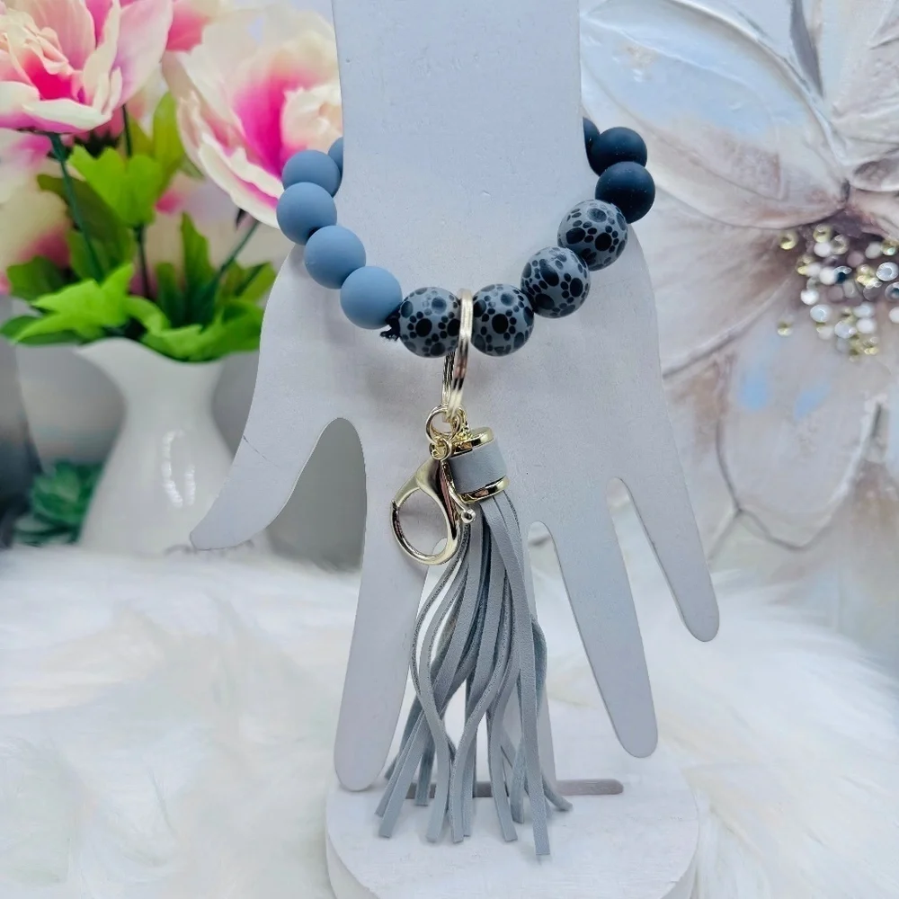 Paw Print Gray & Black Beaded Bracelet w/ Keychain & Tassel